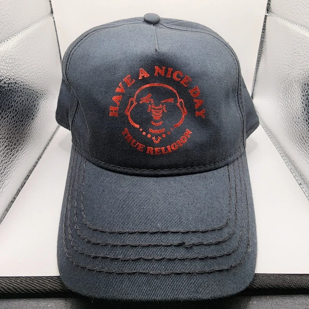 True Religion Buddha Have A Nice Day Baseball Cap Hat Mens Black Red Stitch OSFM